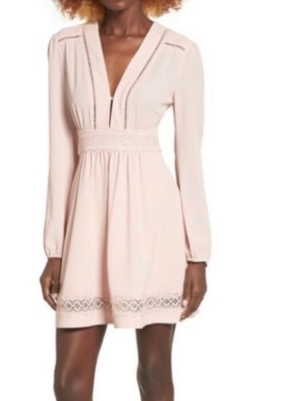 Wayf Blush Long-Sleeve V-Neck Lace-Trim Mini Dress